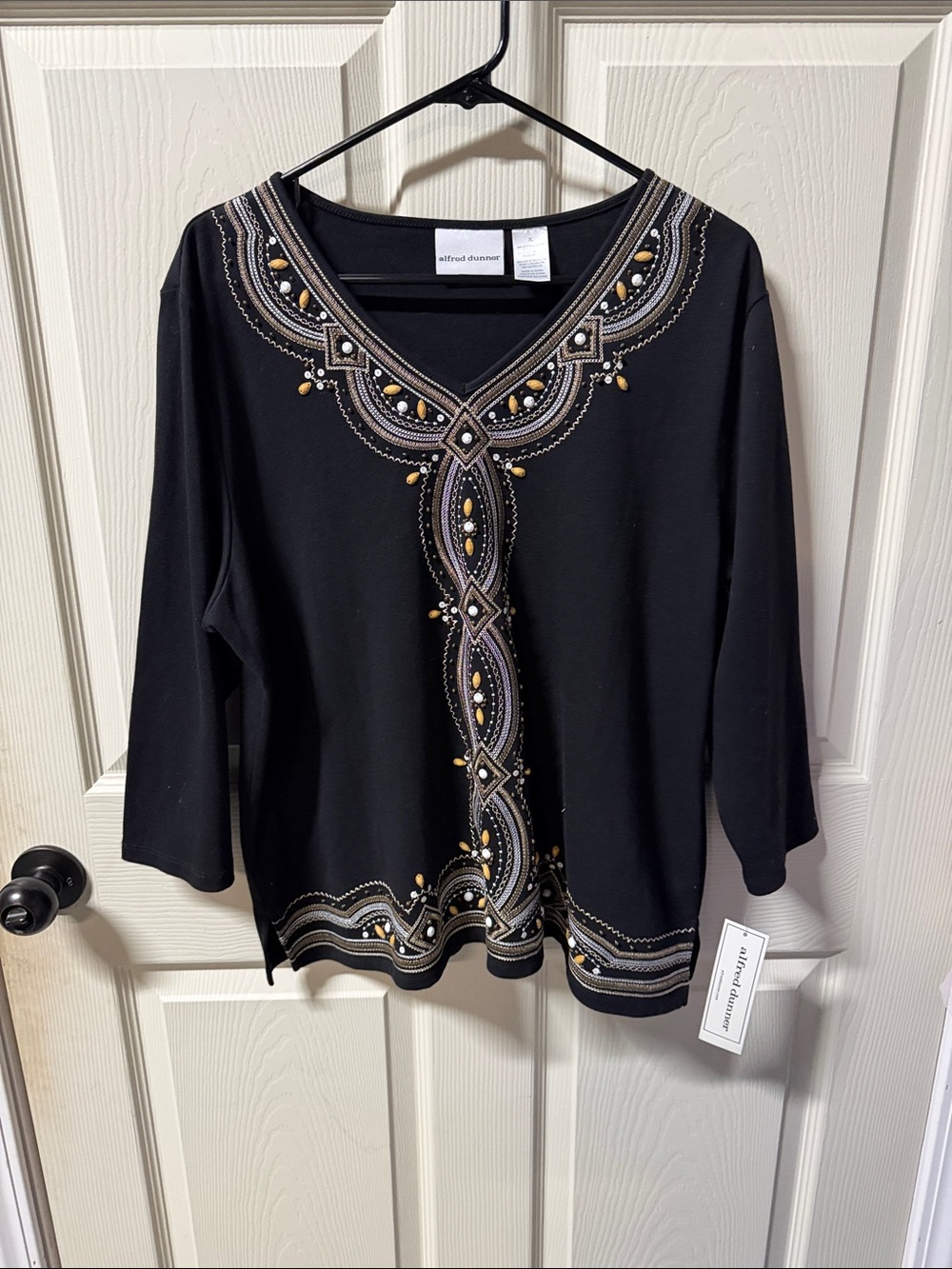 Alfred Dunner Black Embellished V-Neck Tunic with Gold & Silver Accents